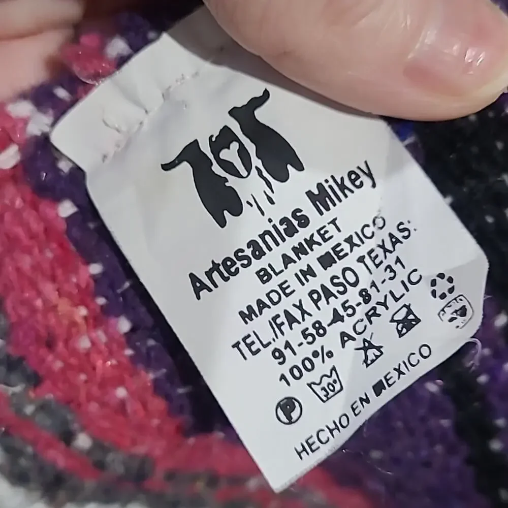 Artesanias Mikey Mexican Throw Blanket Woven Pink Purple Black White 48